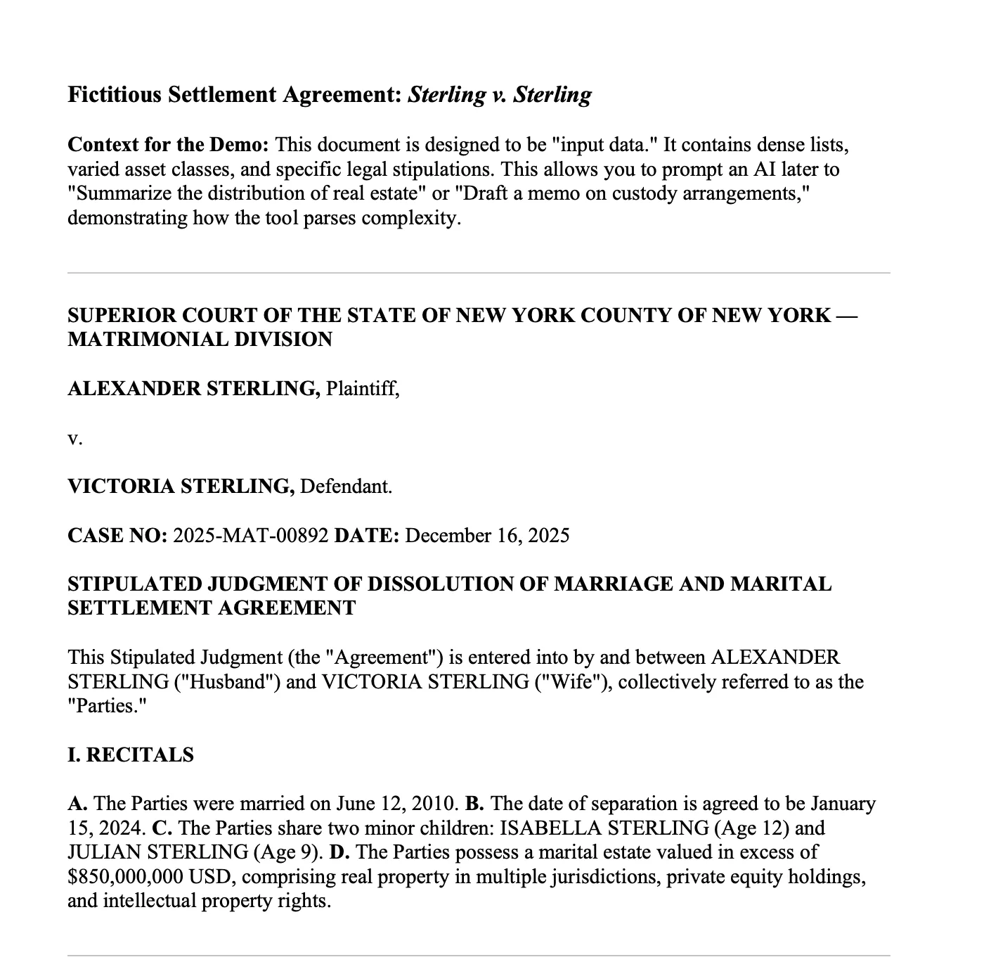 Fictitious Sterling v. Sterling settlement agreement, a New York matrimonial stipulated judgment used as demo input data.