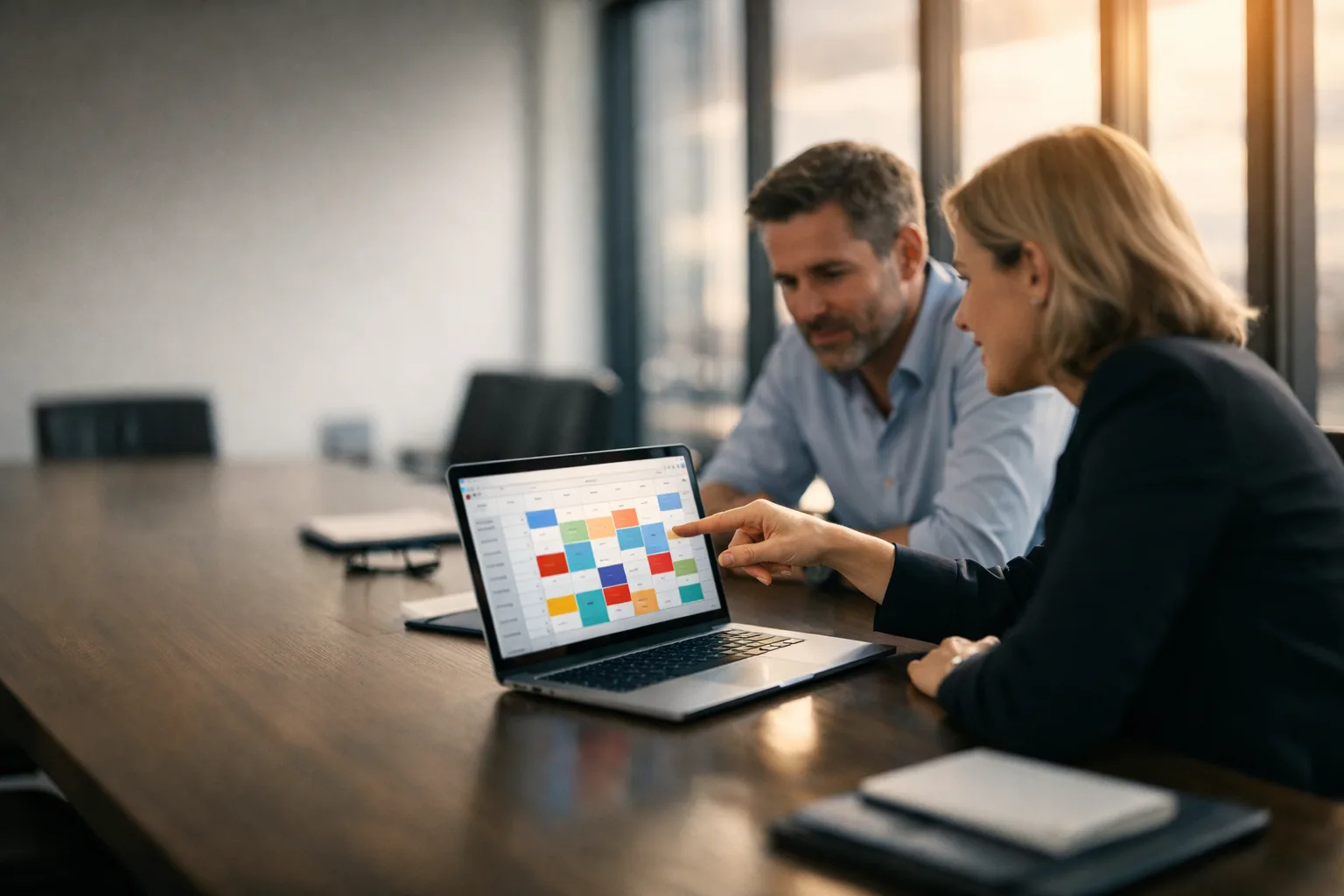 A man and woman in a conference room looking at a laptop screen showing a colorful calendar, her finger pointing at it.