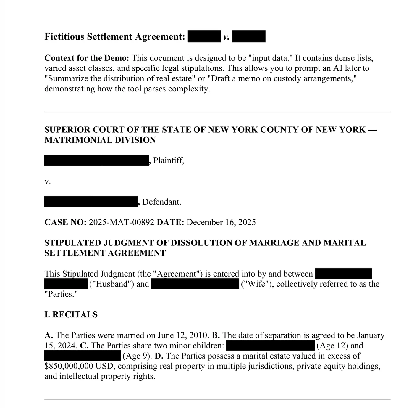 Same Sterling v. Sterling settlement agreement with party names and children's names redacted by black bars.