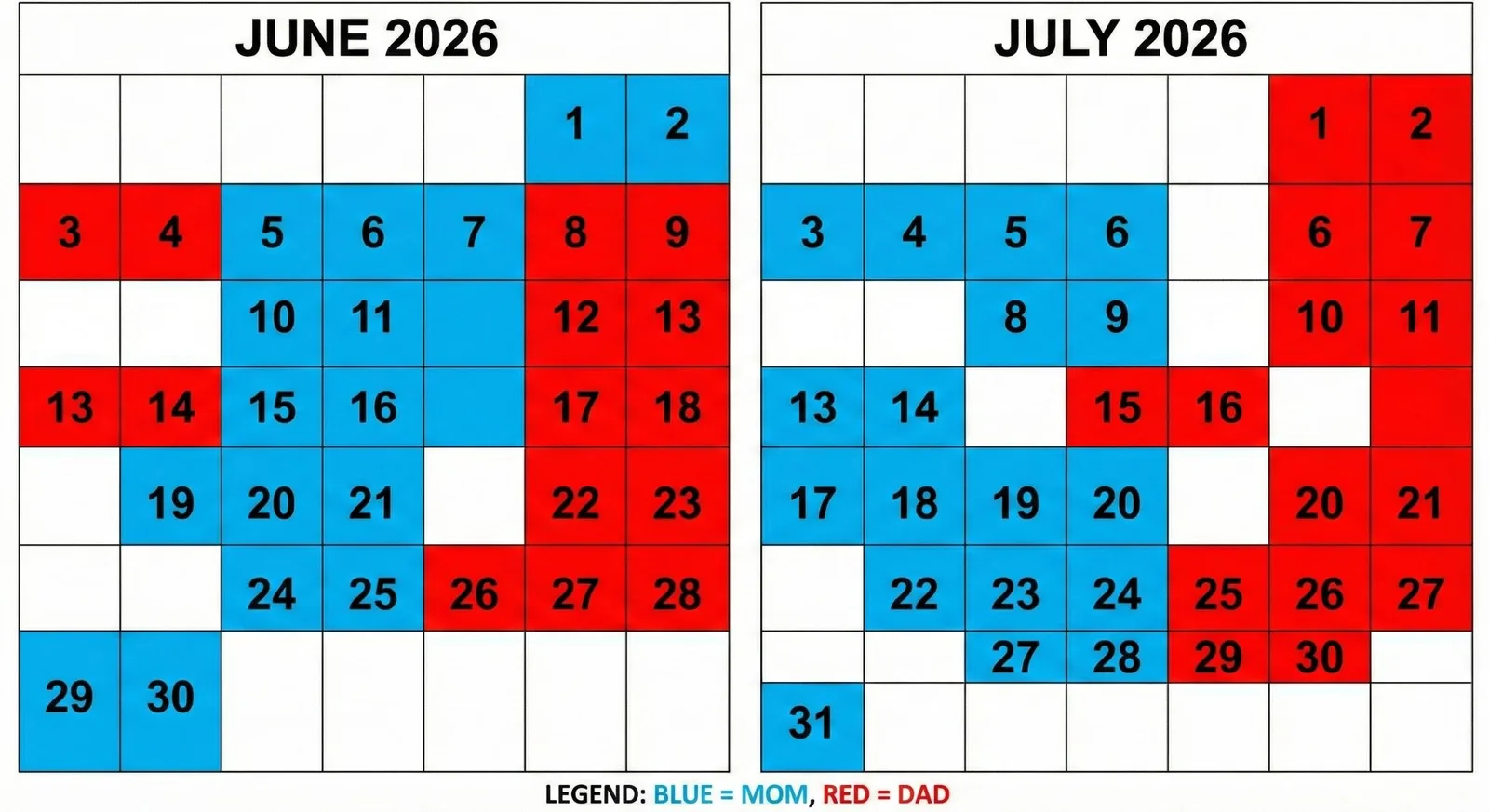 Two side-by-side custody calendars for June and July 2026, with blue marked Mom and red marked Dad per legend.