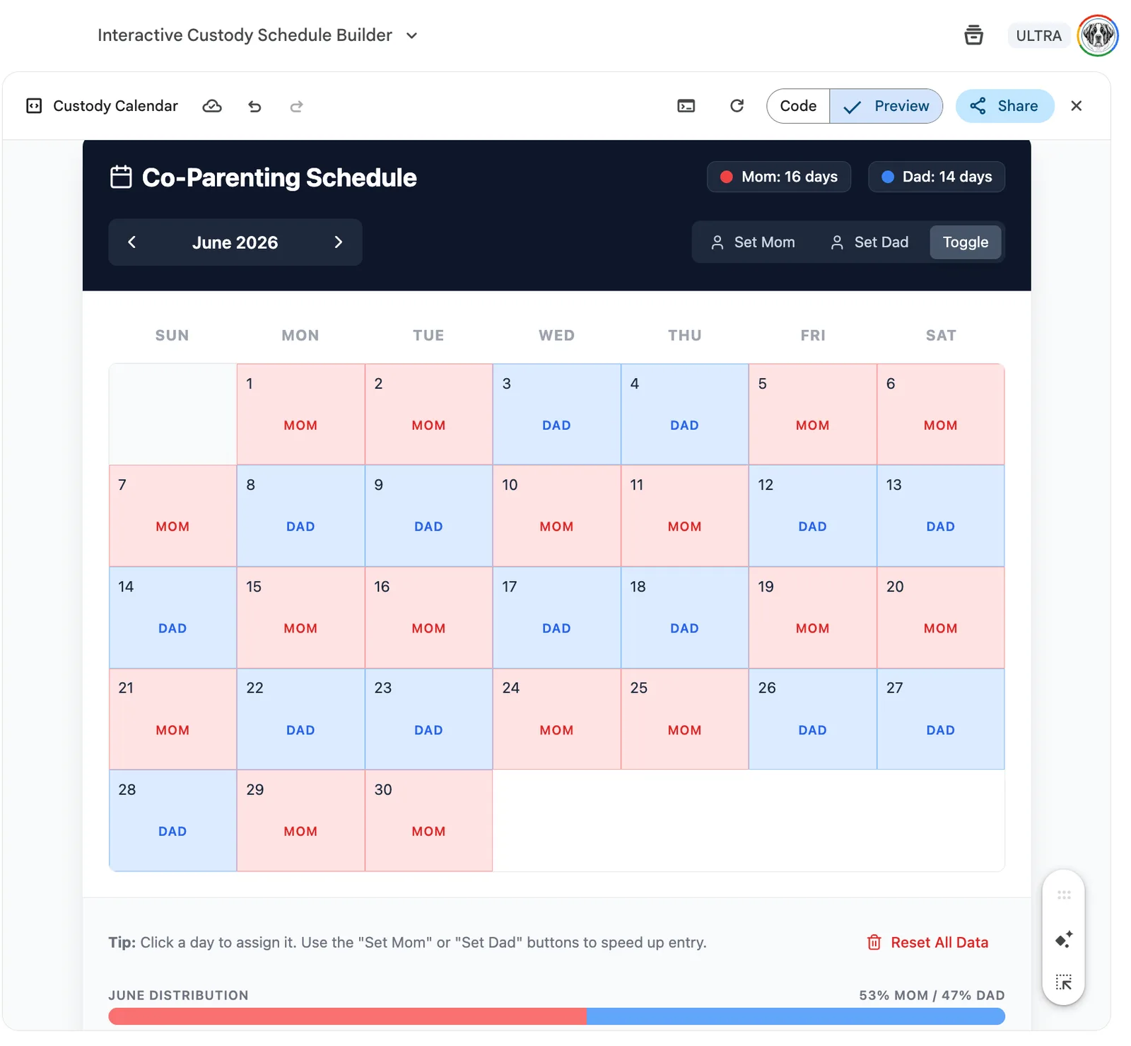 Interactive Co-Parenting Schedule builder showing a June 2026 calendar with Mom 16 days, Dad 14 days, and 53 percent to 47 percent distribution.